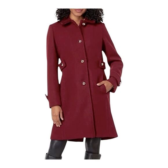 Kate Spade Faux Shearling Trim Lipstick Red Wool Blend Peacoat Size Large - Picture 1 of 14
